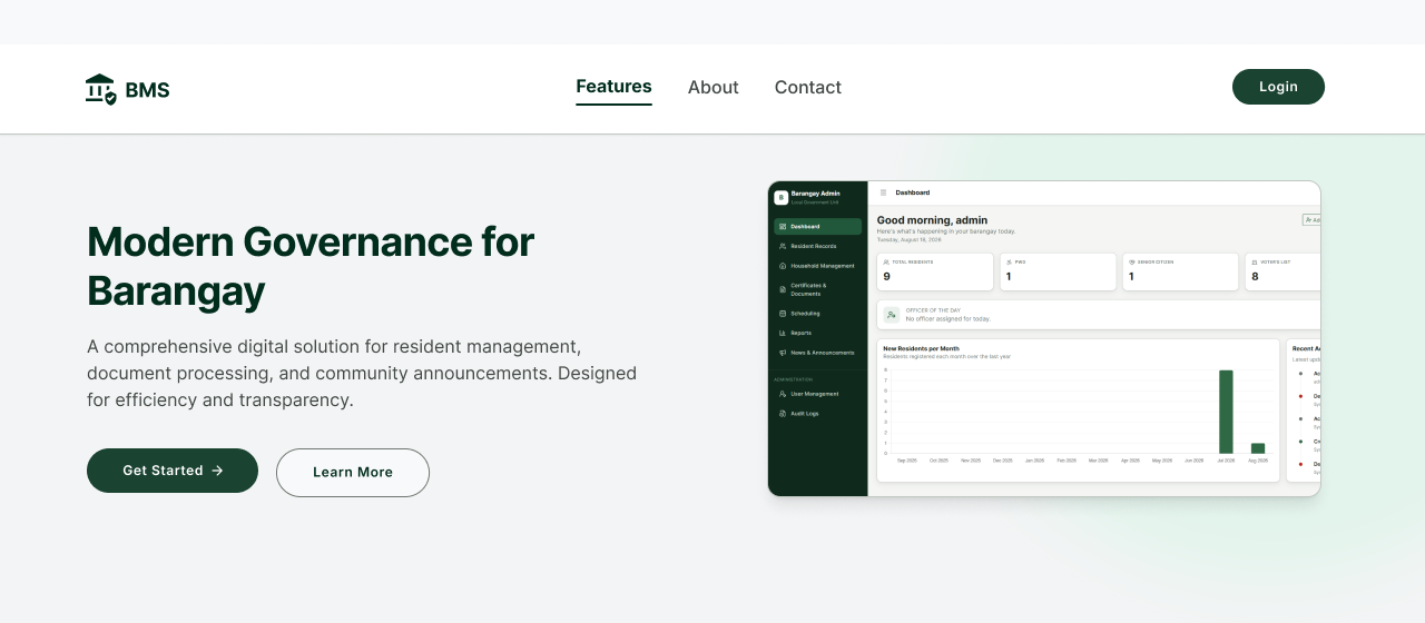 Barangay Management System — Digital platform for managing residents, households, documents, schedules, announcements, and reports