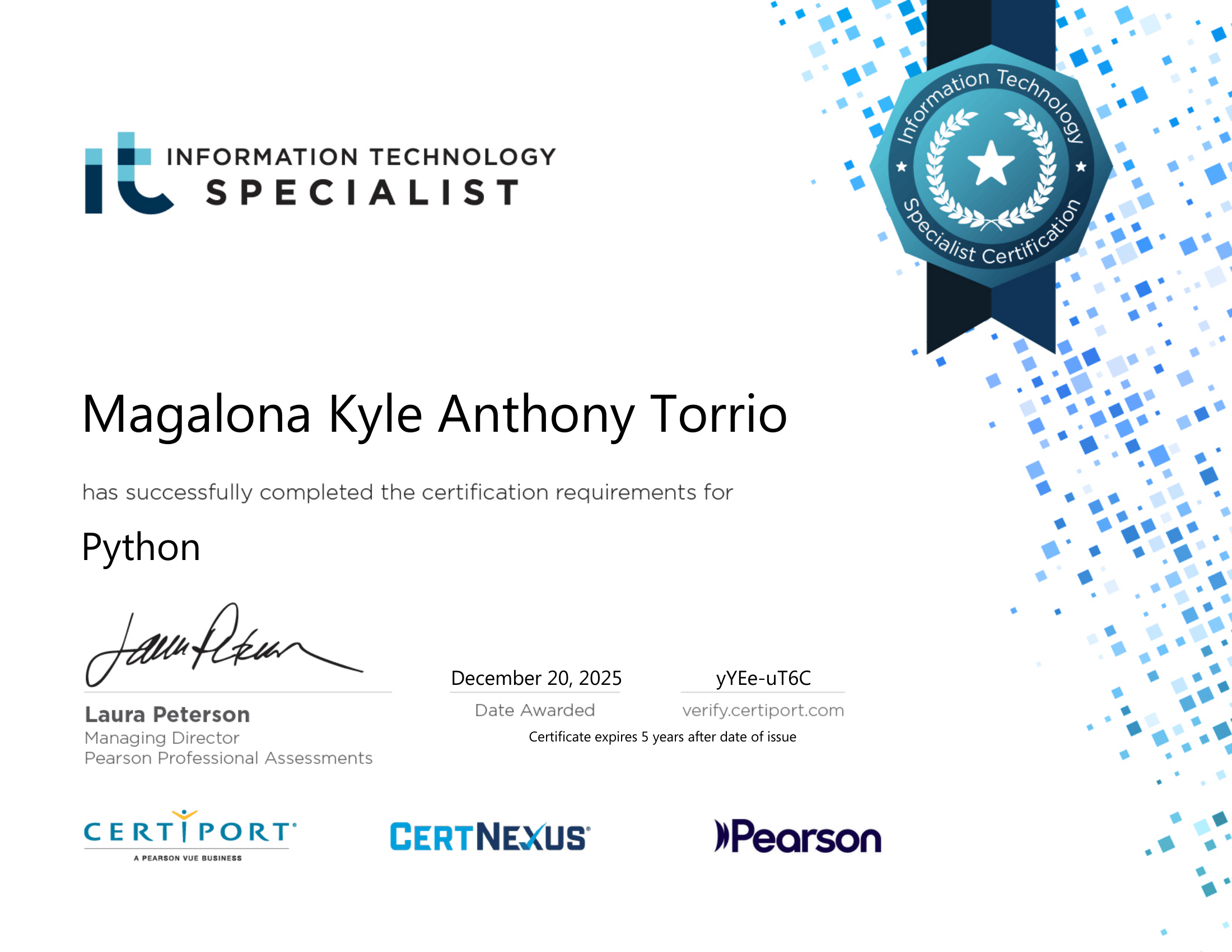 Certiport IT Specialist certificate for Python, awarded to Kyle Anthony Magalona