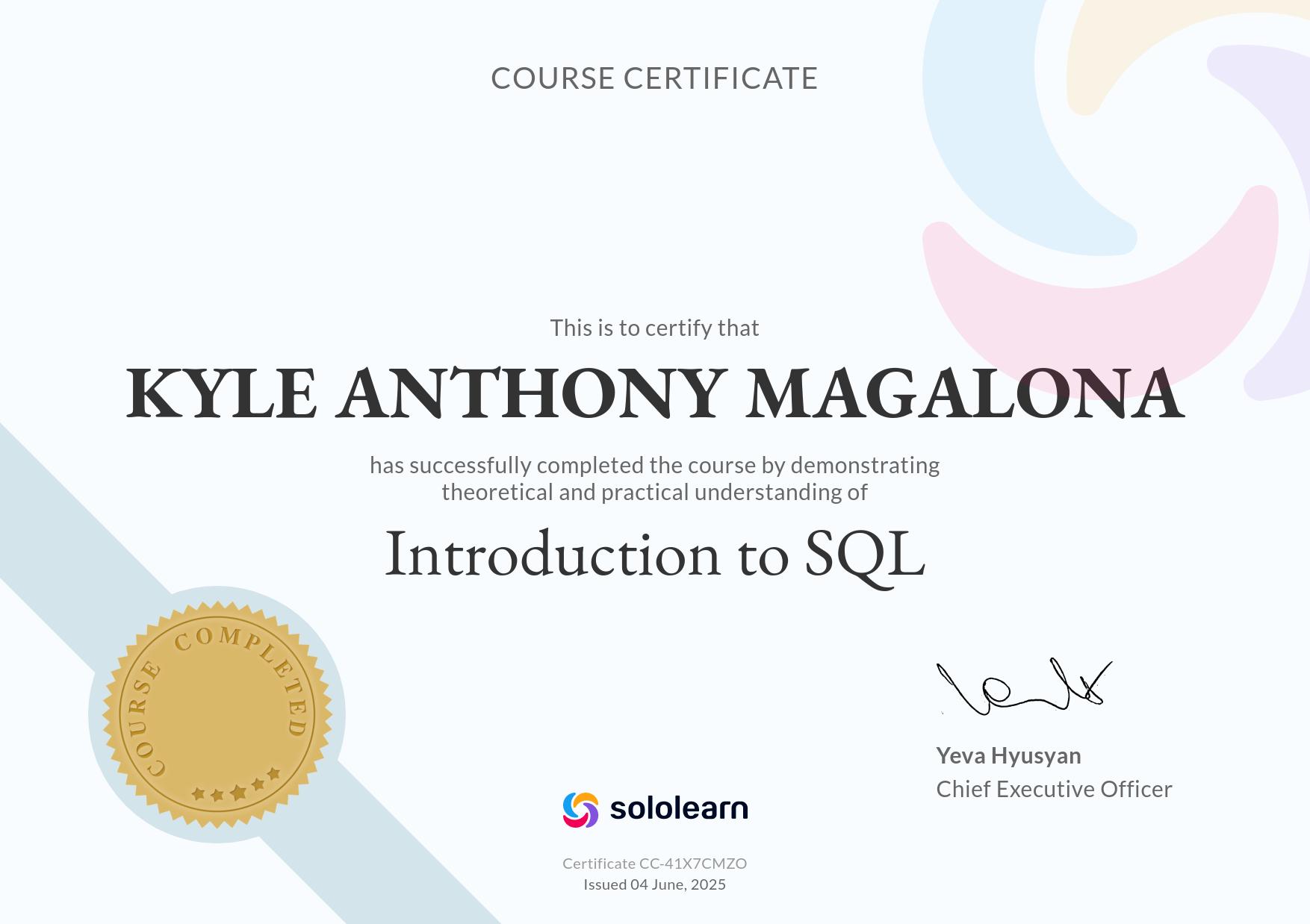 SoloLearn course certificate for Introduction to SQL, awarded to Kyle Anthony Magalona